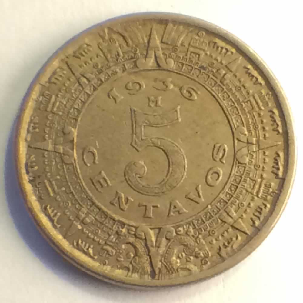 Mexico 1936 M 5 Centavos - Aztec ( 5C ) - Reverse
