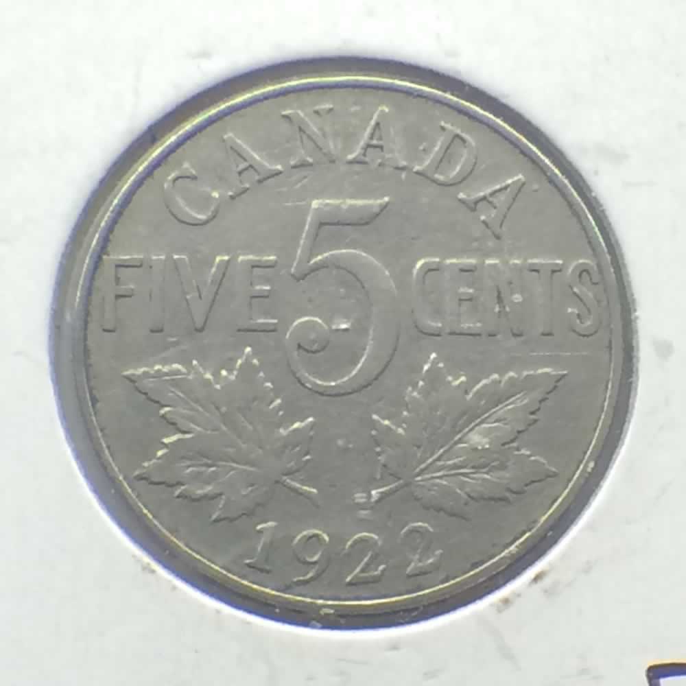 Canada 1922  Canadian 5 Cents - Far Rim ( C5C ) - Reverse